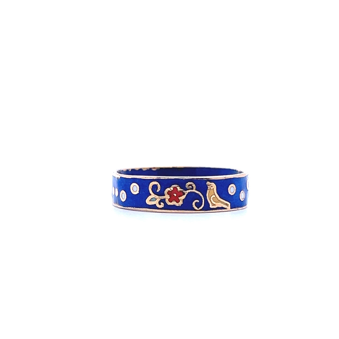 Estate 1970s Gold Tone Blue & Multicolor Enamel Bird & Flower Ring