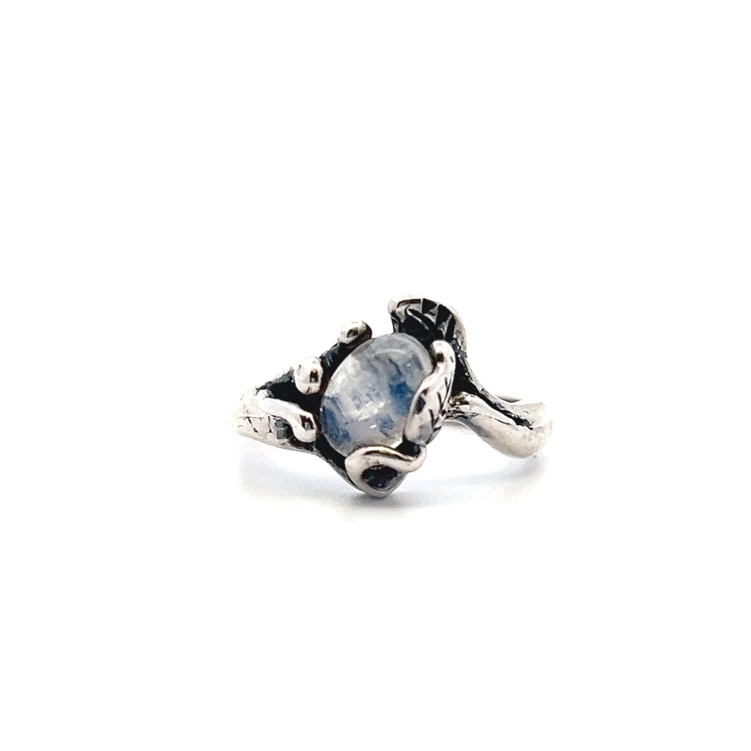 Estate Sterling Silver Oval Cabochon Labradorite Moonstone Leaf Motif Ring