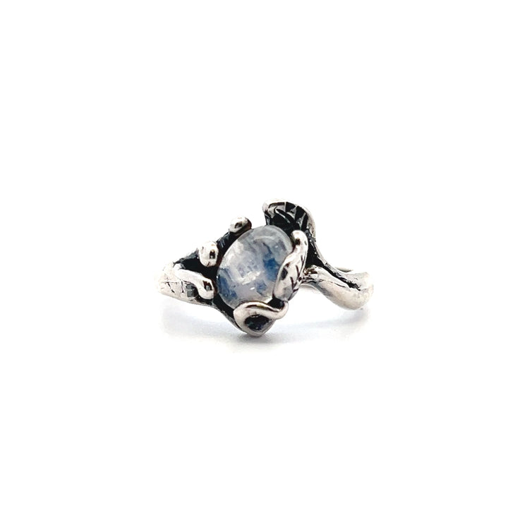 Estate Sterling Silver Oval Cabochon Labradorite Moonstone Leaf Motif Ring