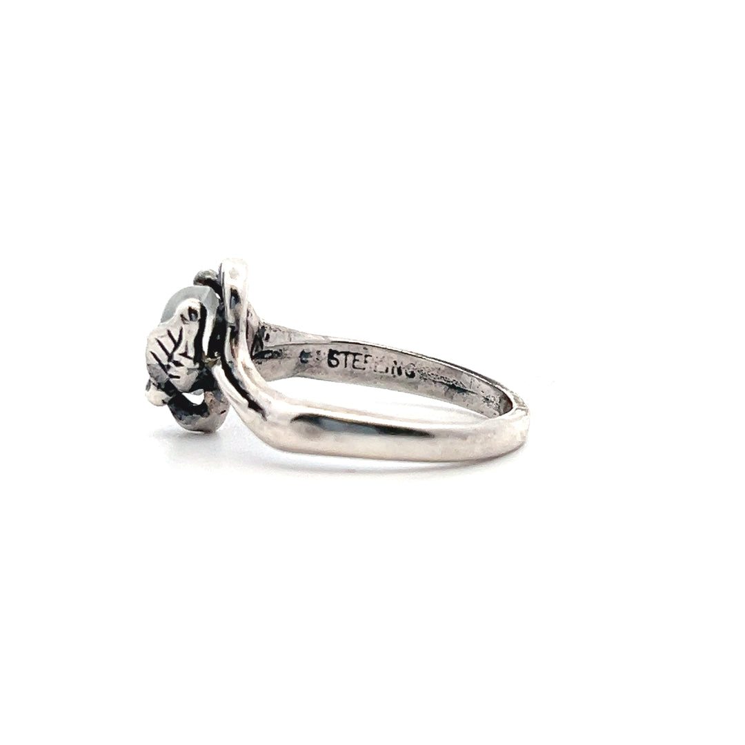 Estate Sterling Silver Oval Cabochon Labradorite Moonstone Leaf Motif Ring
