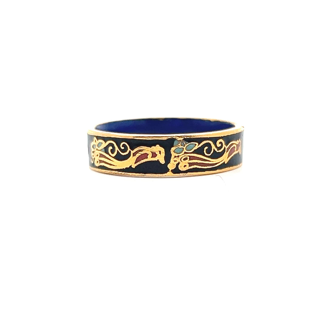 Estate 1970s Gold Tone Black & Multicolor Enamel Bird & Flower Ring