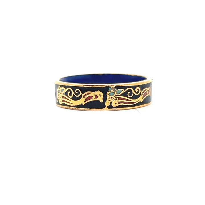Estate 1970s Gold Tone Black & Multicolor Enamel Bird & Flower Ring