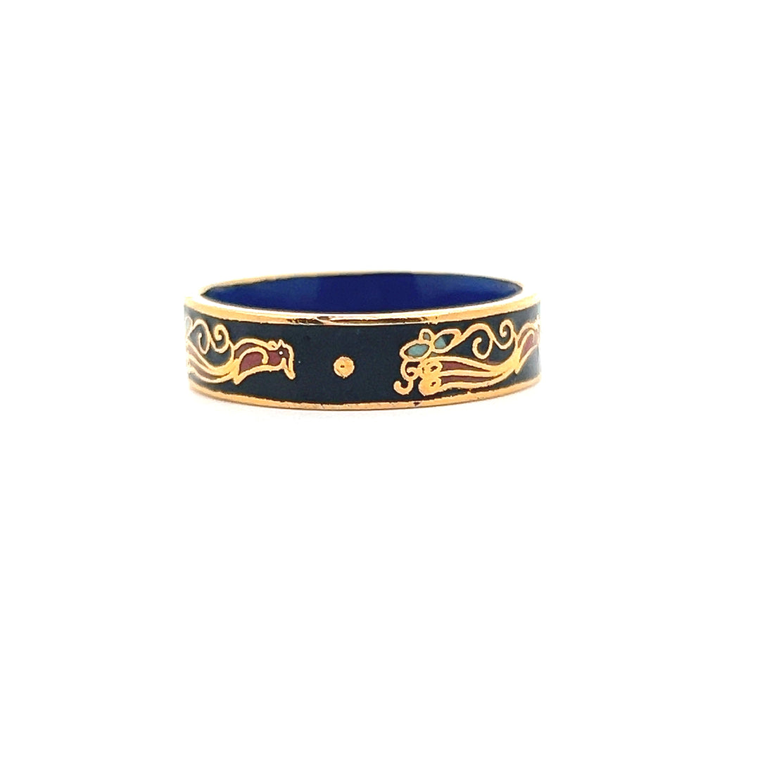 Estate 1970s Gold Tone Black & Multicolor Enamel Bird & Flower Ring