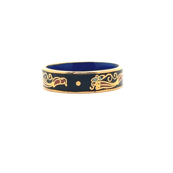 Estate 1970s Gold Tone Black & Multicolor Enamel Bird & Flower Ring