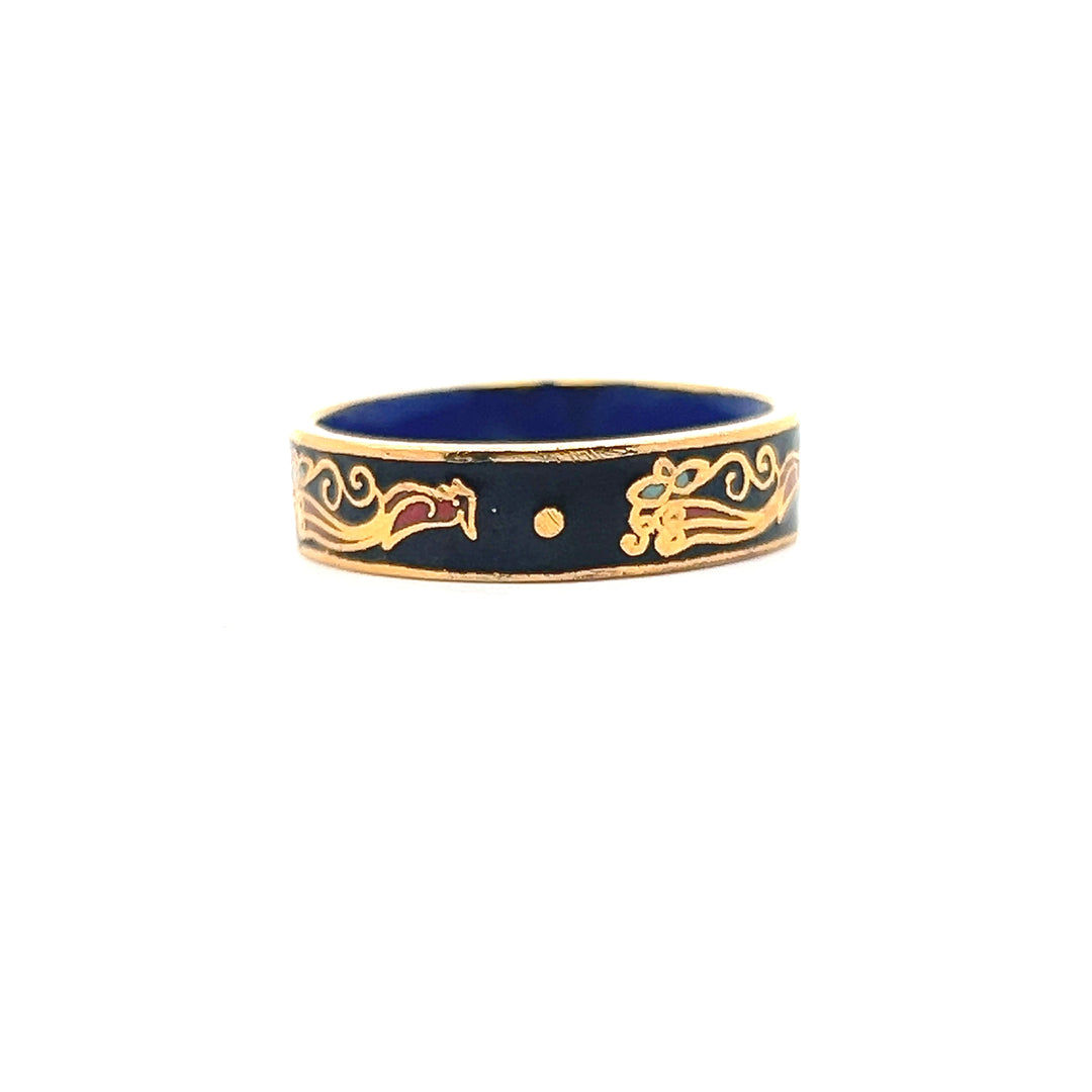 Estate 1970s Gold Tone Black & Multicolor Enamel Bird & Flower Ring