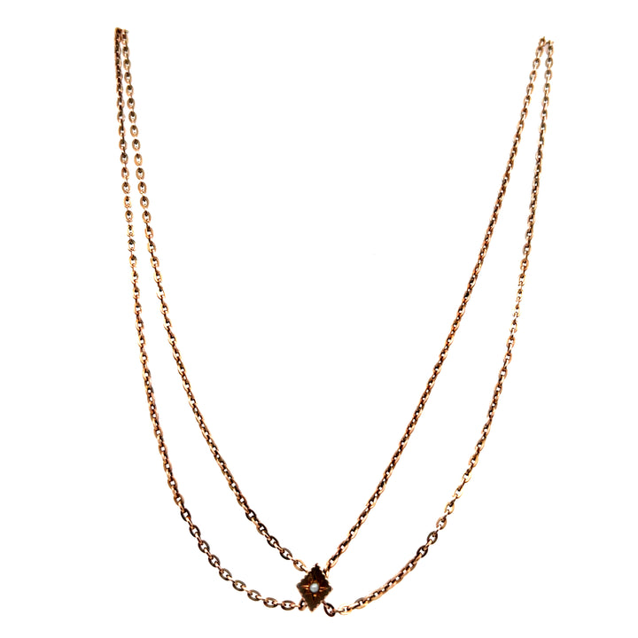 Estate Victorian Rose Gold Filled Guard Chain with 10K Rose Gold Pearl Starburst Slide