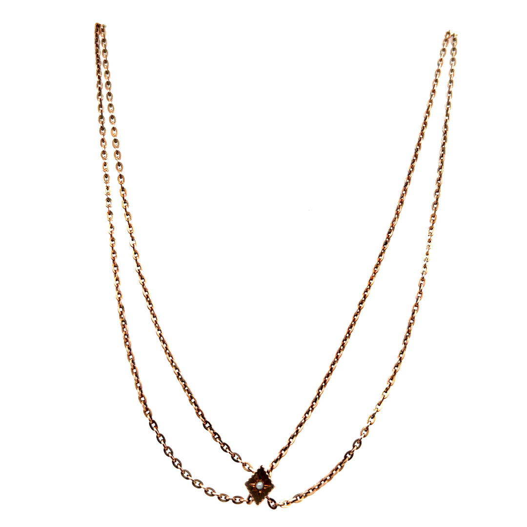 Estate Victorian Rose Gold Filled Guard Chain with 10K Rose Gold Pearl Starburst Slide