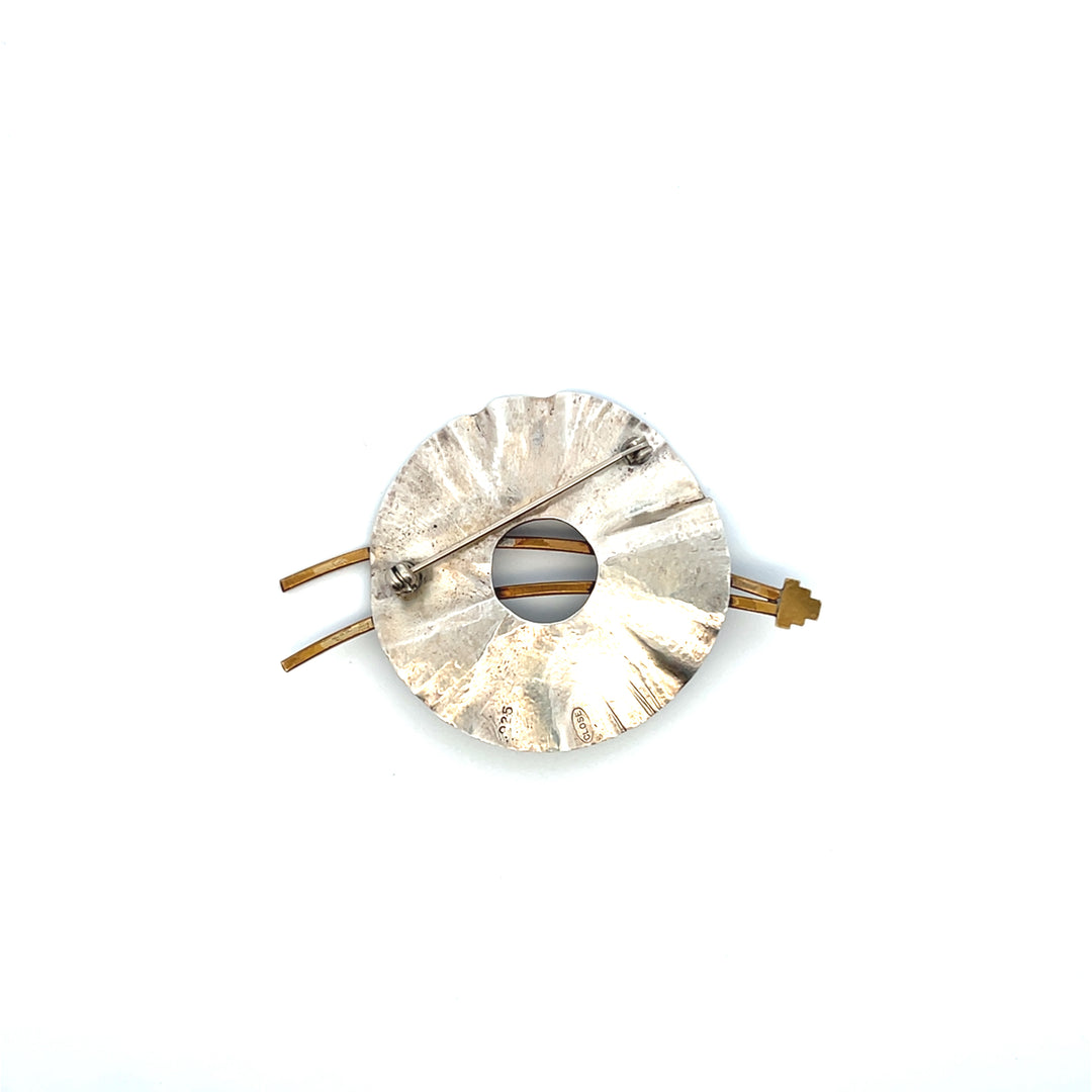 Estate 1960s Sterling Silver & Brass Brutalist Amethyst Brooch