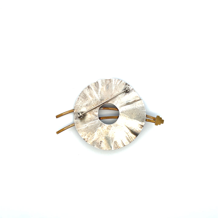 Estate 1960s Sterling Silver & Brass Brutalist Amethyst Brooch