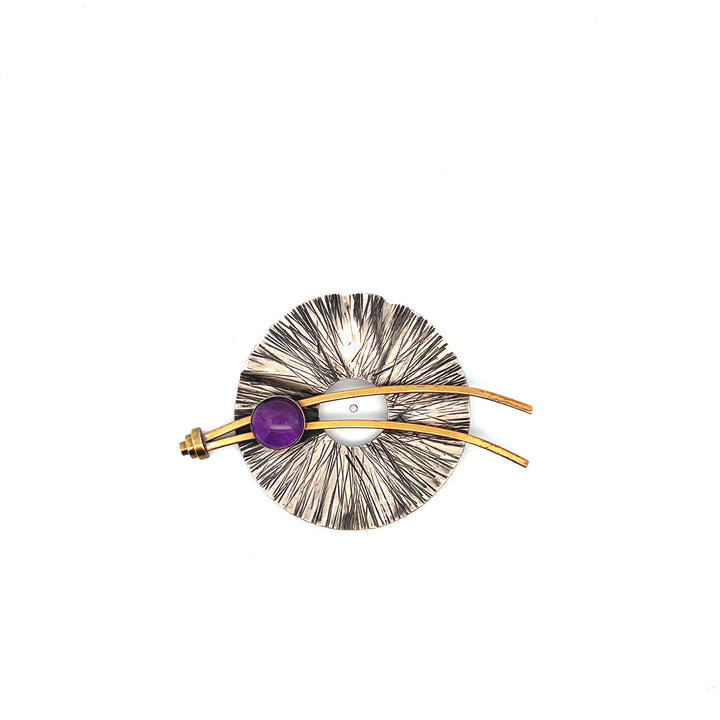 Estate 1960s Sterling Silver & Brass Brutalist Amethyst Brooch