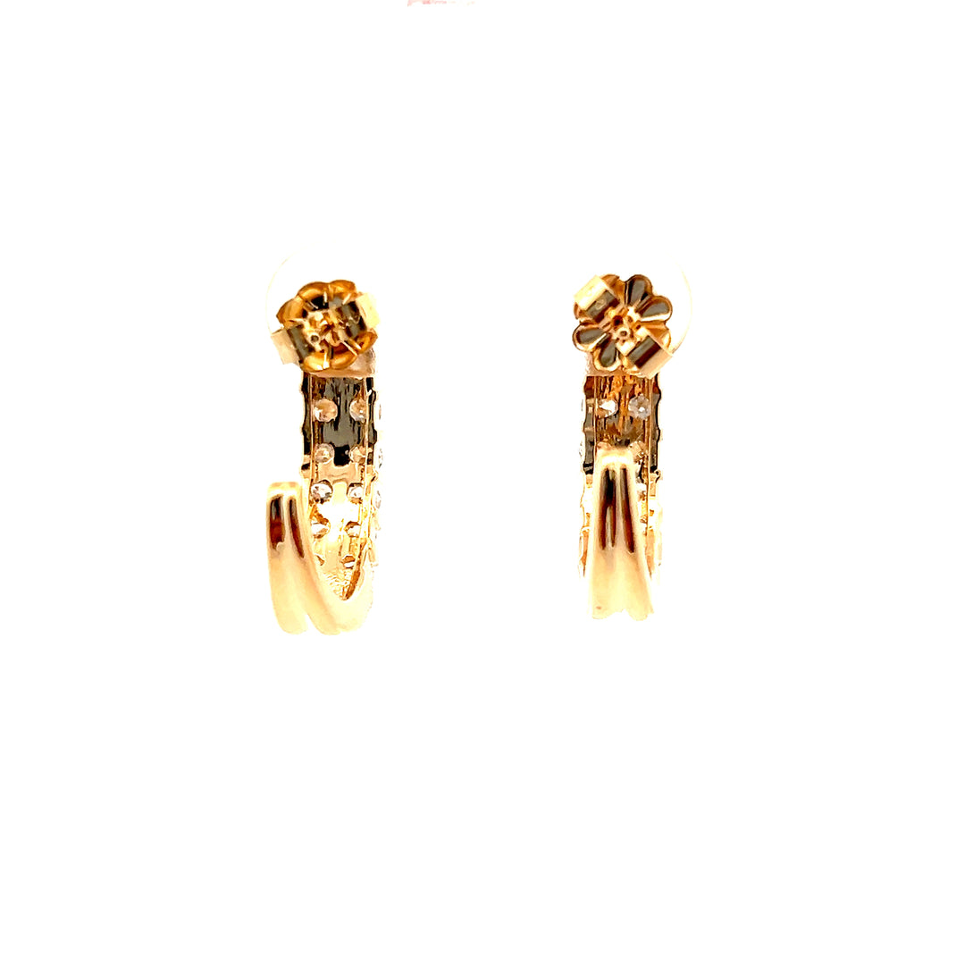 Estate 14K Yellow Gold 1.26CTW Diamond Double Row J Hoop Earrings
