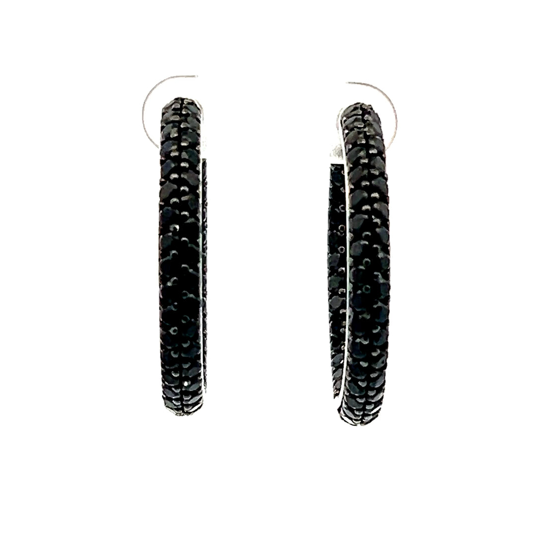 Estate Sterling Silver Round Brilliant Black Diamond Hoop Earrings