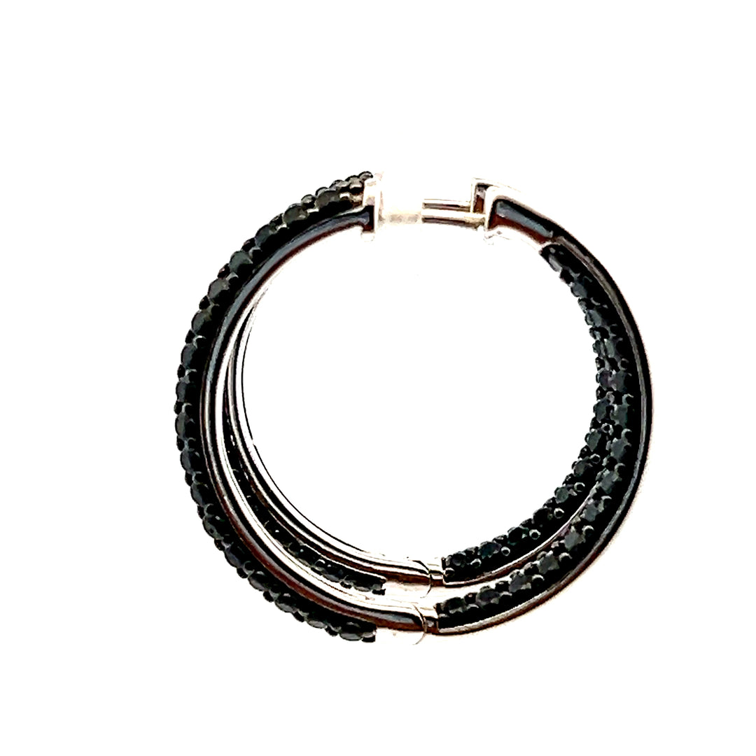 Estate Sterling Silver Round Brilliant Black Diamond Hoop Earrings