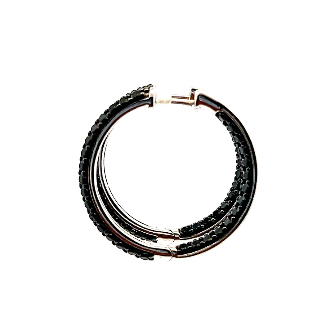 Estate Sterling Silver Round Brilliant Black Diamond Hoop Earrings