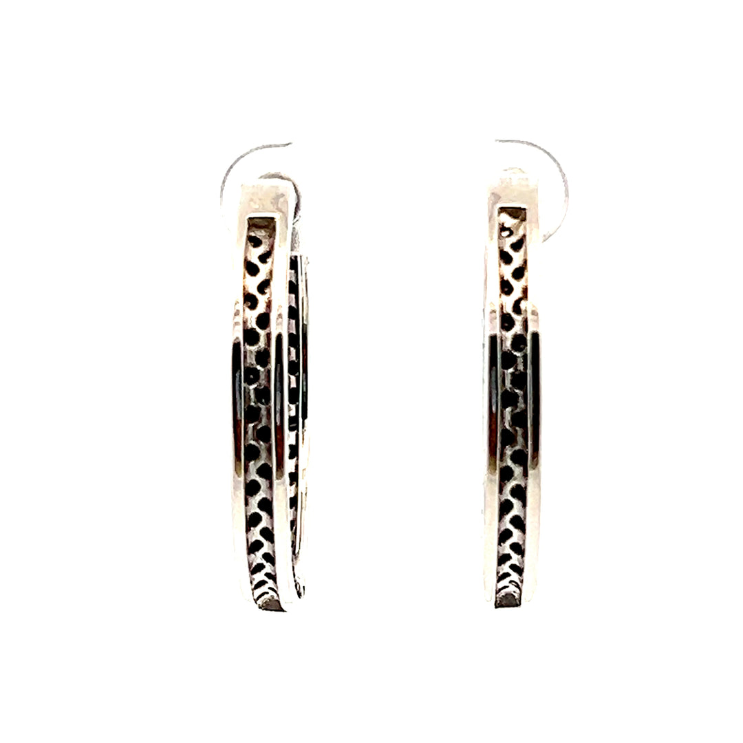 Estate Sterling Silver Round Brilliant Black Diamond Hoop Earrings