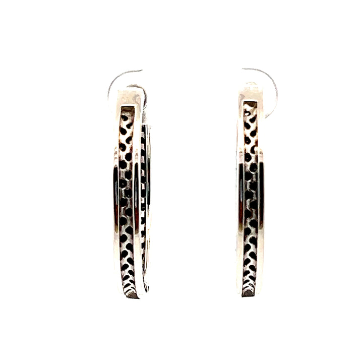 Estate Sterling Silver Round Brilliant Black Diamond Hoop Earrings