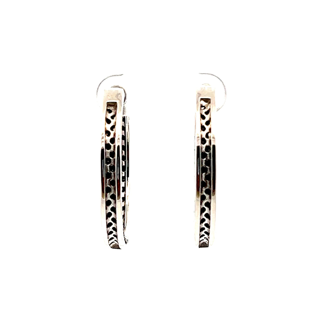 Estate Sterling Silver Round Brilliant Black Diamond Hoop Earrings