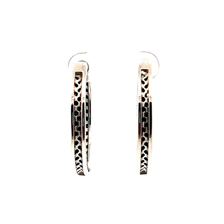 Estate Sterling Silver Round Brilliant Black Diamond Hoop Earrings