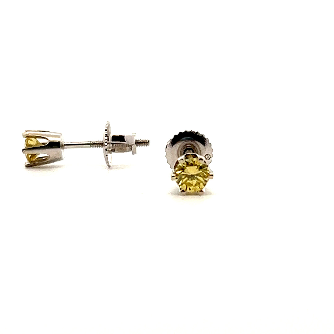 Estate 14K White Gold Fancy Light Yellow Round Brilliant Diamond Stud Earrings