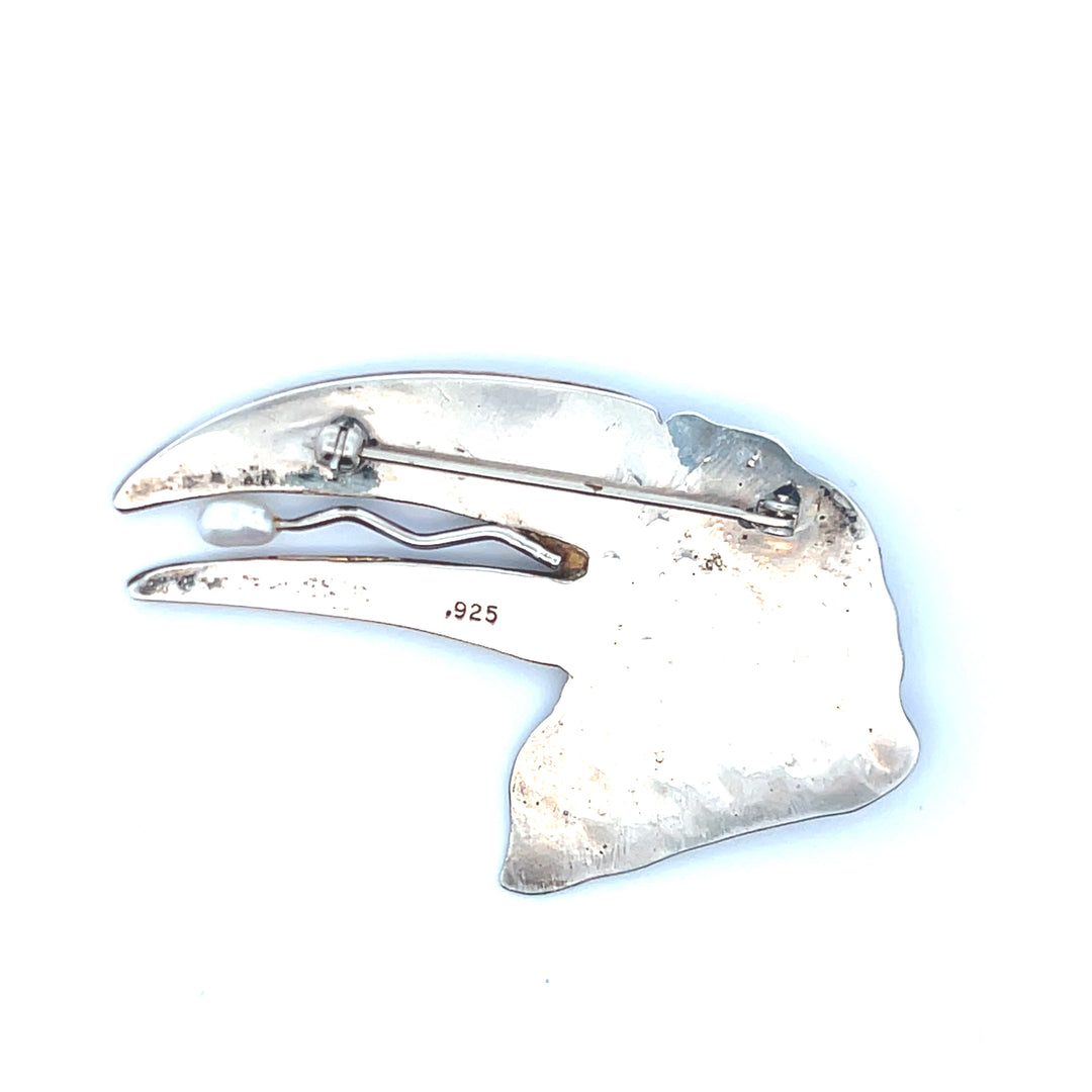 Estate Sterling Silver & Brass Amethyst & Pearl Bird Pin Brooch