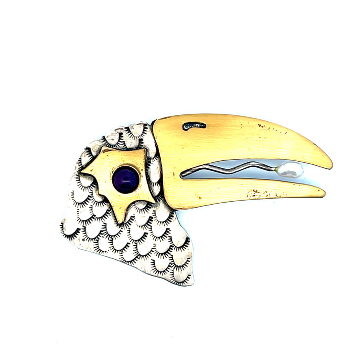 Estate Sterling Silver & Brass Amethyst & Pearl Bird Pin Brooch