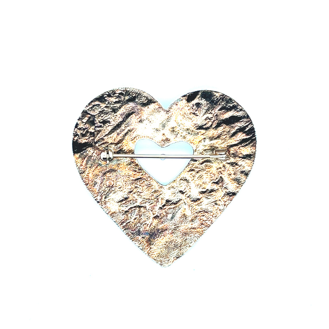 Estate Circa 1990s Two-Tone Hammered Metal Amethyst Heart Brooch
