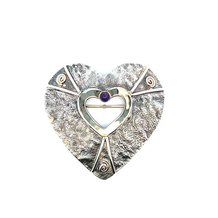 Estate Circa 1990s Two-Tone Hammered Metal Amethyst Heart Brooch