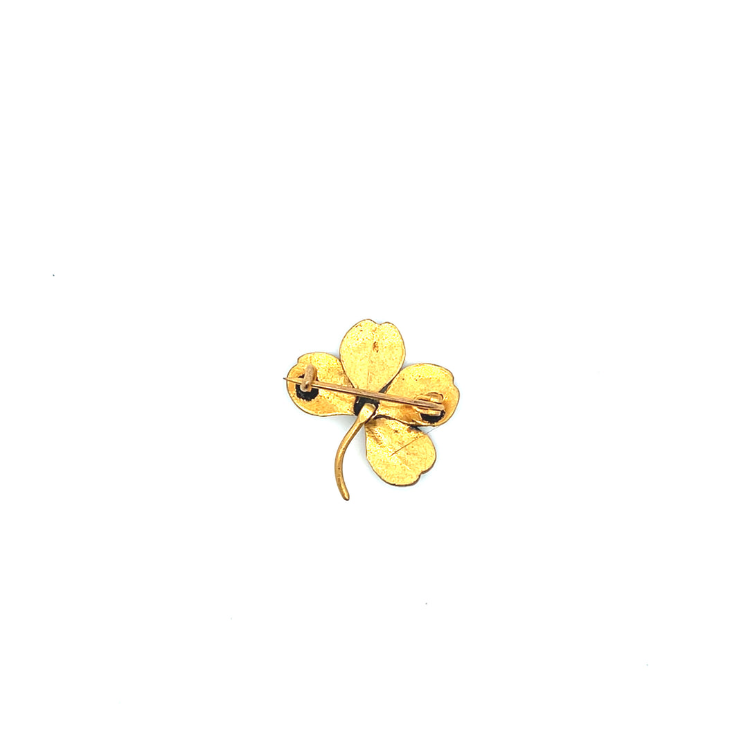 Estate Circa 1900 Yellow Gold Filled Engraved Clover Pin Brooch with Glass Accent