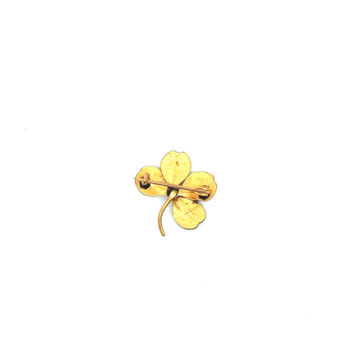 Estate Circa 1900 Yellow Gold Filled Engraved Clover Pin Brooch with Glass Accent