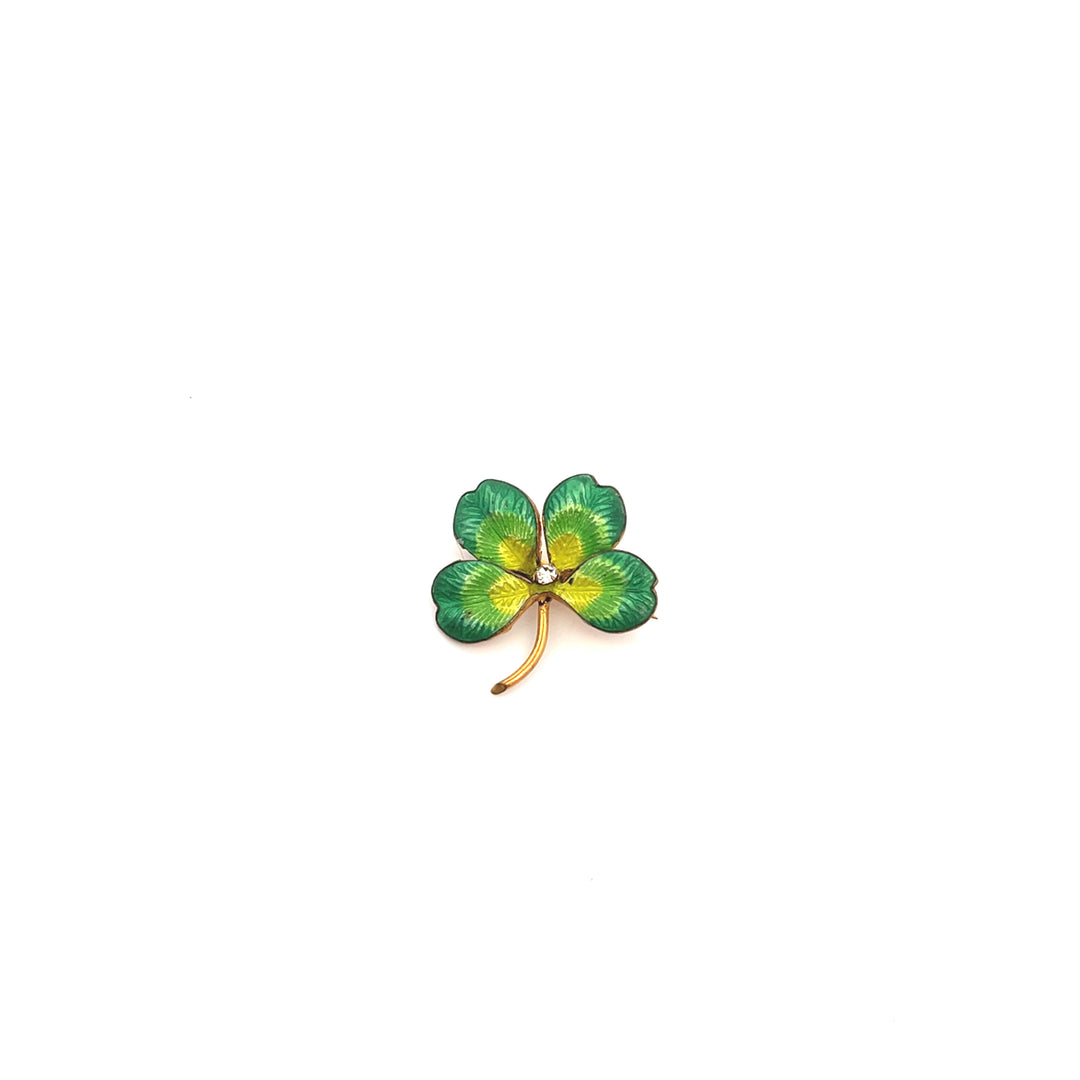 Estate Circa 1900 Yellow Gold Filled Engraved Clover Pin Brooch with Glass Accent