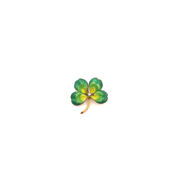 Estate Circa 1900 Yellow Gold Filled Engraved Clover Pin Brooch with Glass Accent