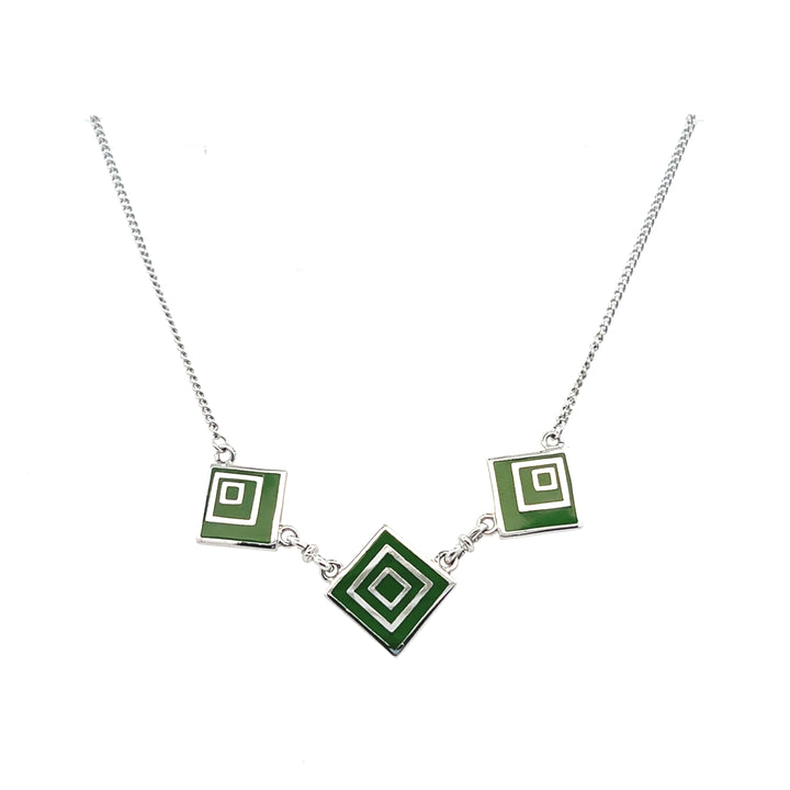 Estate Sterling Silver Green Enamel Square Station Necklace