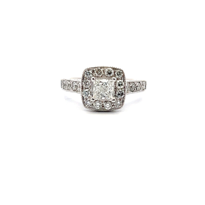 Estate 14K White Gold Princess Cut Diamond Halo Filigree Cathedral Engagement Ring