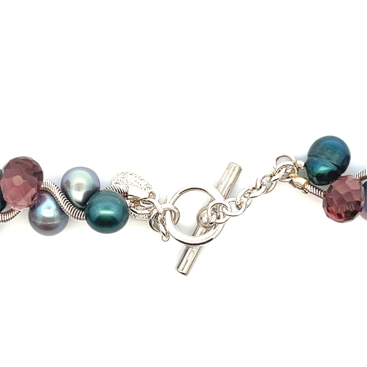 Estate Erica Zap Sterling Silver Multi-Color Pearl & Purple Glass Briolette Coil Wire Cluster Necklace