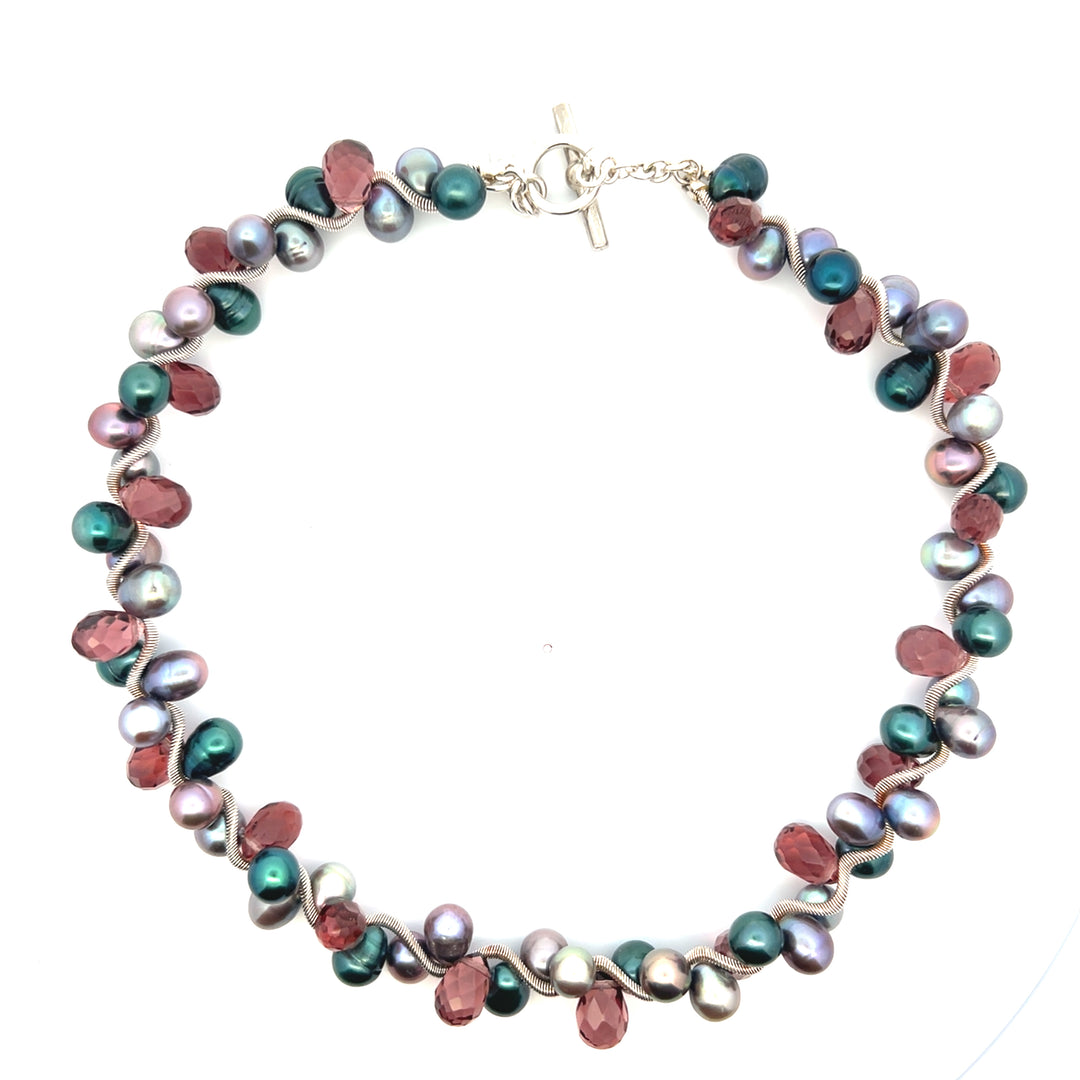 Estate Erica Zap Sterling Silver Multi-Color Pearl & Purple Glass Briolette Coil Wire Cluster Necklace