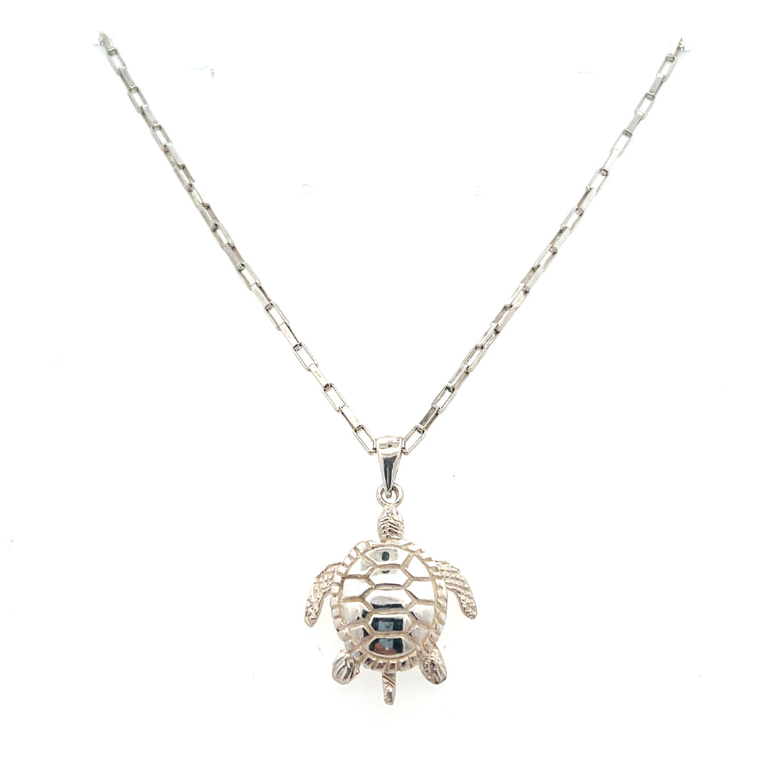 Estate Sterling Silver 3D Turtle Charm Pendant Necklace