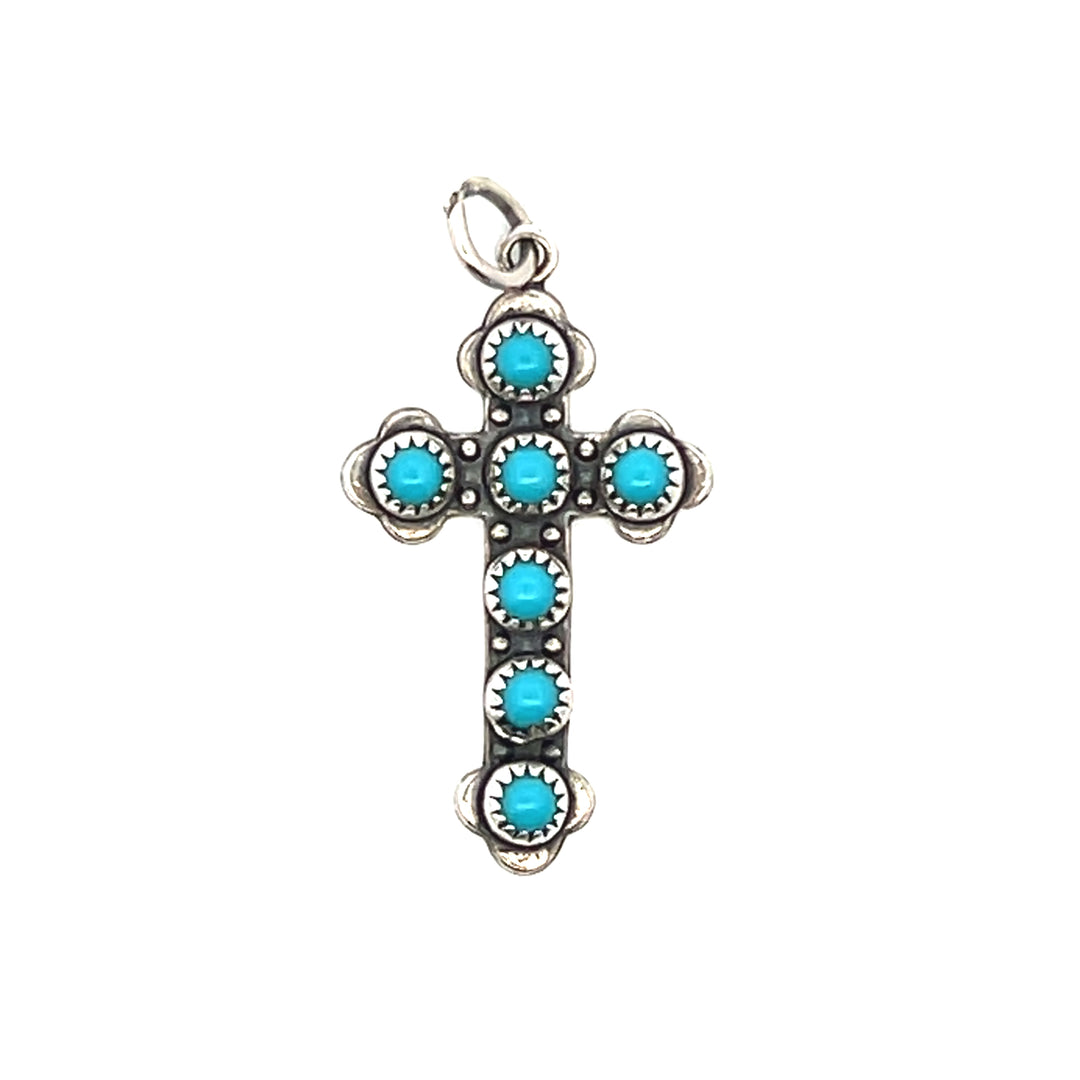Estate Sterling Silver Round Cabochon Turquoise Cross Pendant