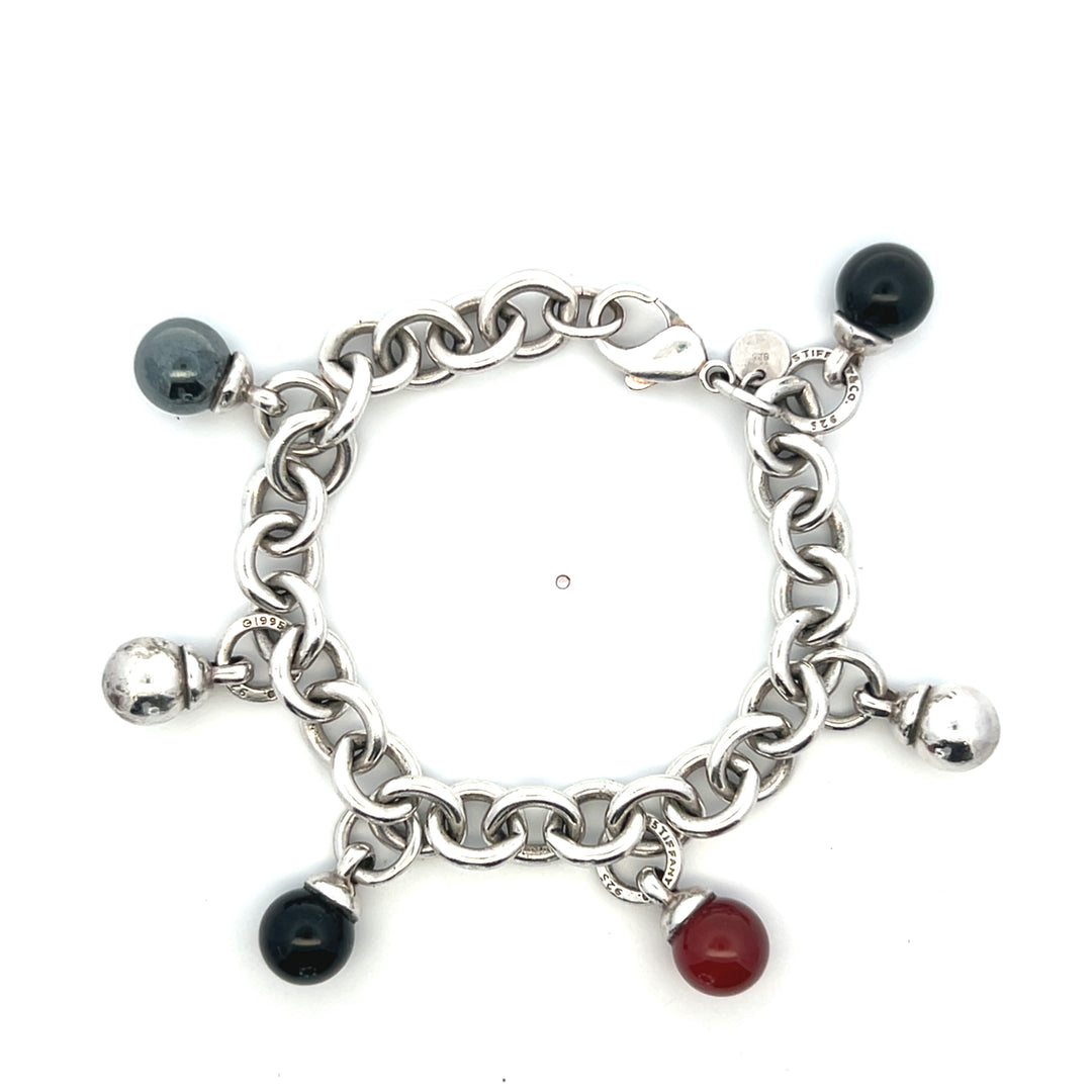 Estate Tiffany & Co. Sterling Silver Carnelian, Black Onyx & Hematite Sphere Charm Bracelet