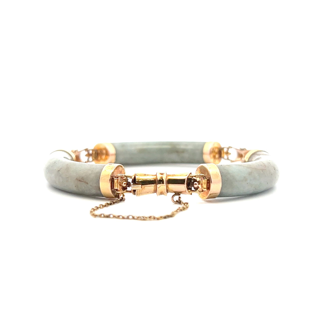 Estate 18K Yellow Gold Natural Jadeite Link Bracelet with Bow & Floral Motif