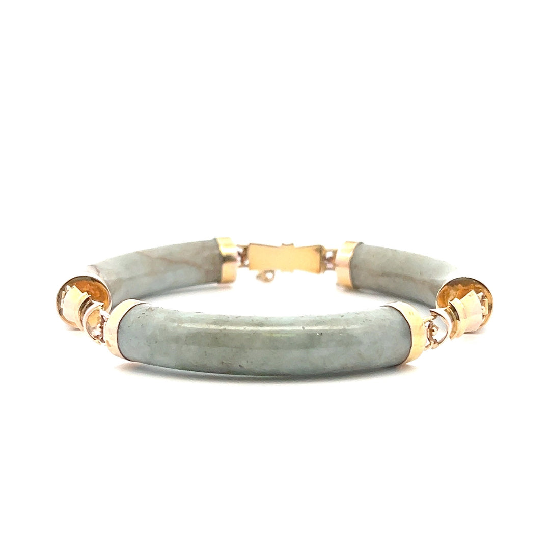 Estate 18K Yellow Gold Natural Jadeite Link Bracelet with Bow & Floral Motif