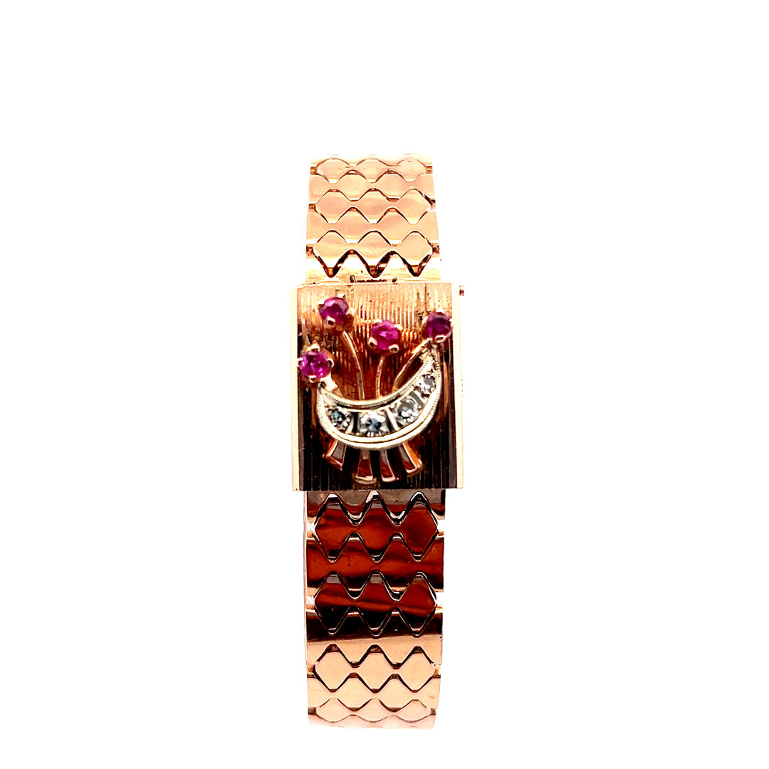 Estate 1940s 14K Rose Gold Diamond & Ruby Floral Motif Manual Wind Watch Bracelet