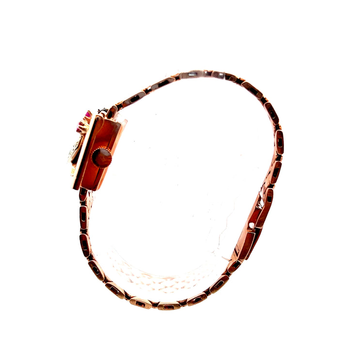 Estate 1940s 14K Rose Gold Diamond & Ruby Floral Motif Manual Wind Watch Bracelet