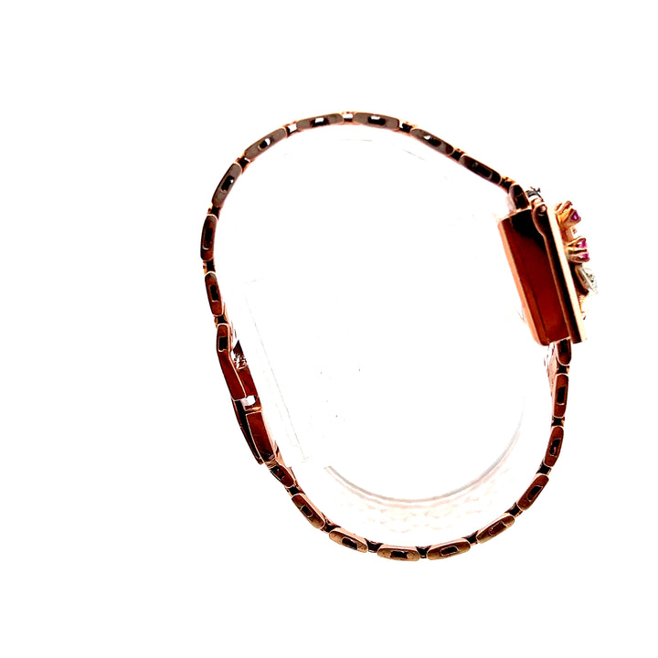Estate 1940s 14K Rose Gold Diamond & Ruby Floral Motif Manual Wind Watch Bracelet