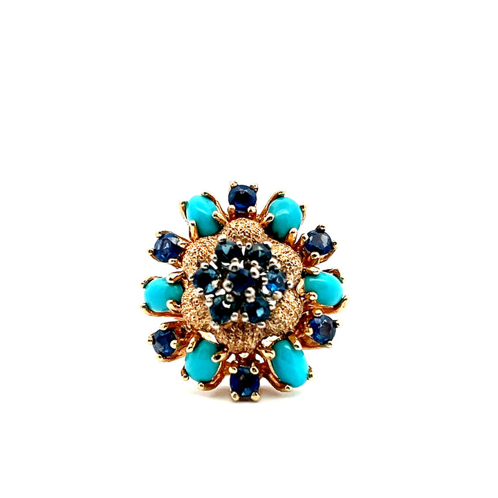 Estate Mid-Century 14K Yellow Gold Blue Sapphire & Turquoise Cluster Floral Ring