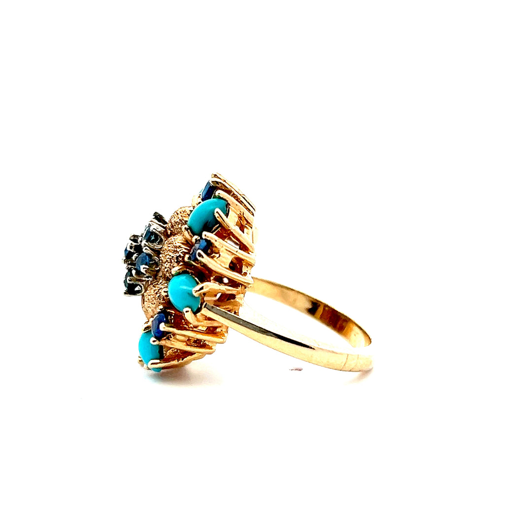 Estate Mid-Century 14K Yellow Gold Blue Sapphire & Turquoise Cluster Floral Ring