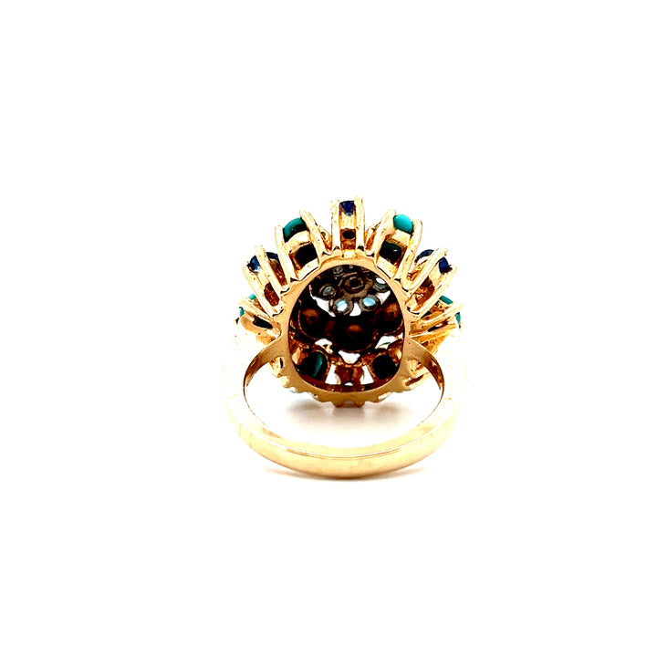 Estate Mid-Century 14K Yellow Gold Blue Sapphire & Turquoise Cluster Floral Ring