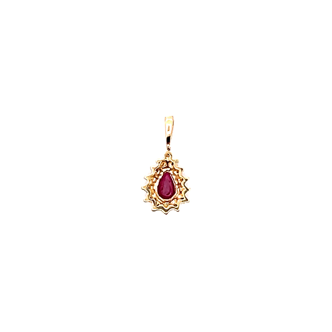 Estate 14K Yellow Gold Pear Cut Ruby & Diamond Halo Pendant