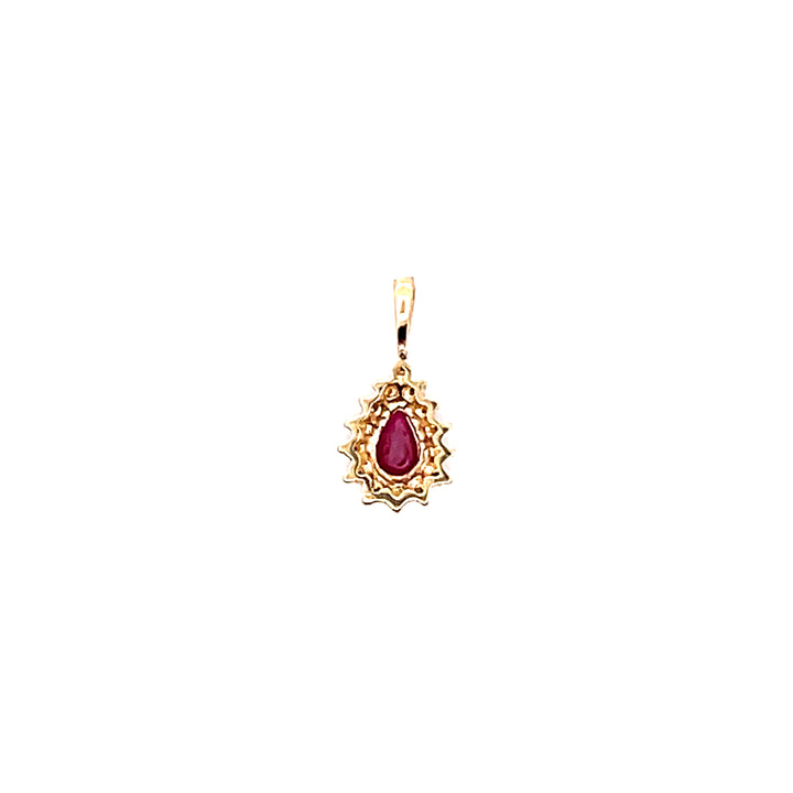 Estate 14K Yellow Gold Pear Cut Ruby & Diamond Halo Pendant