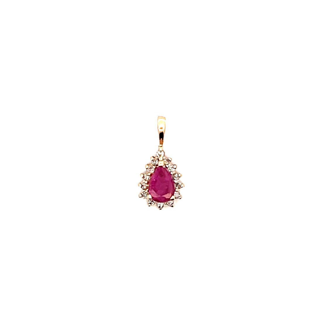 Estate 14K Yellow Gold Pear Cut Ruby & Diamond Cluster Pendant