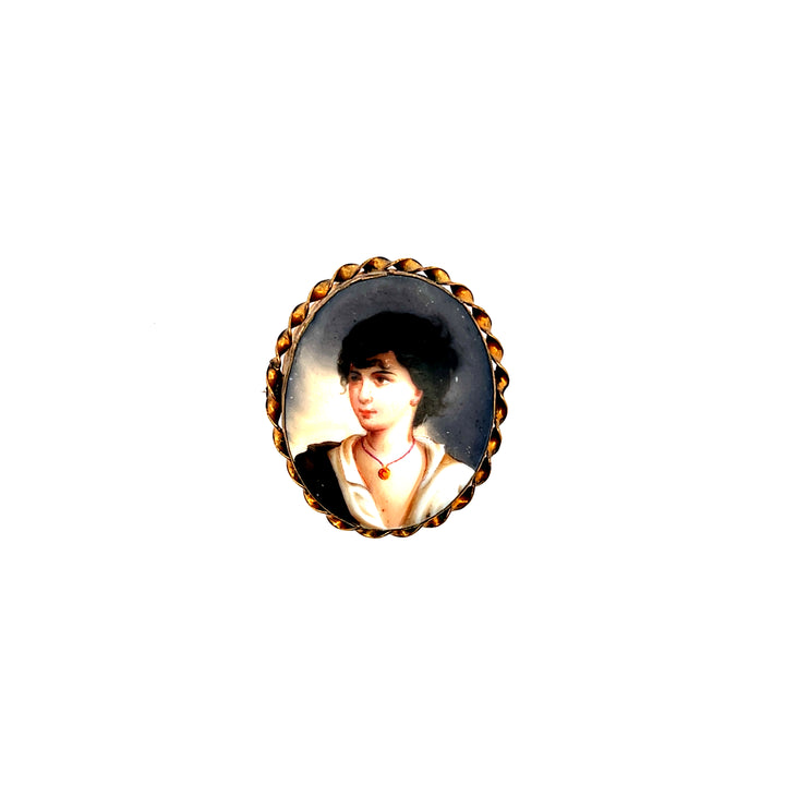 Estate Edwardian Yellow Base Metal "Neapolitan Fisher Boy" Miniature Portrait Brooch